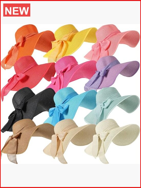 Set of 12 Wide Brim Straw Sun Hats Floppy Foldable Beach Cap main image 5